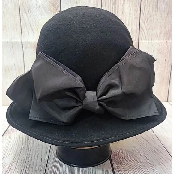 Vintage Bollman Importina Women's Fedora Style Hat One Size Bow Black Wool USA - Picture 2 of 9